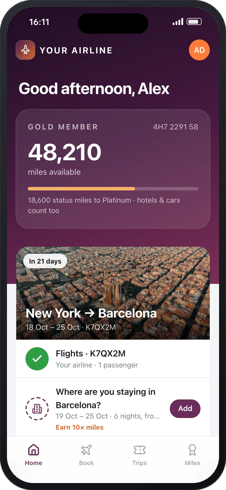 An airline app home screen for a gold member with 48,210 miles and an upcoming New York to Barcelona trip, offering a hotel for the six nights between the flights with ten times the miles.