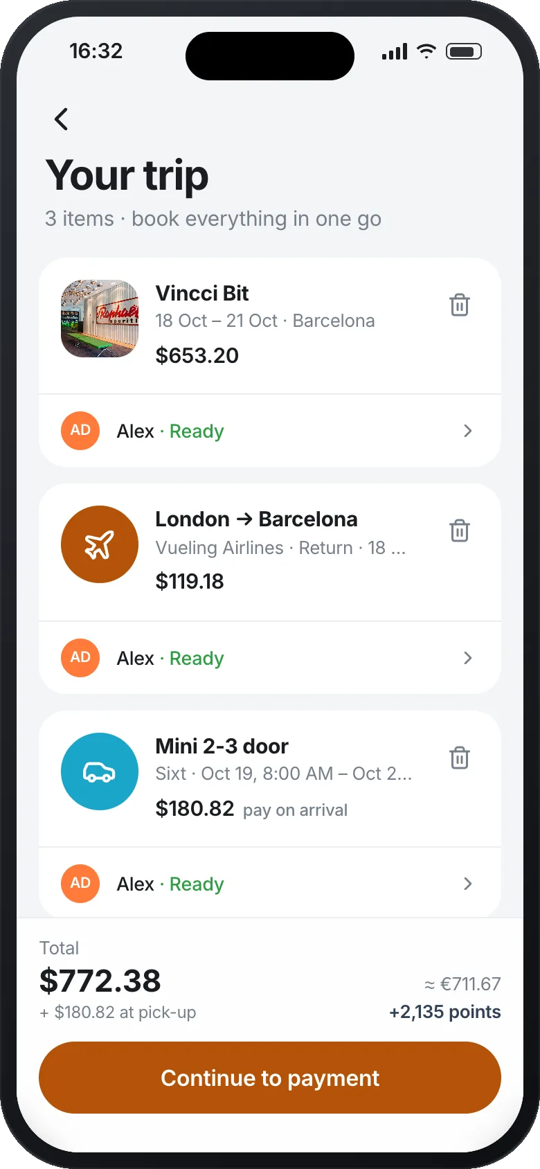 A trip basket with three items: a Barcelona hotel, a Vueling return flight from London and a Sixt car rental, each with its traveller filled in. The total excludes the rental, which is shown separately as paid at pick-up.