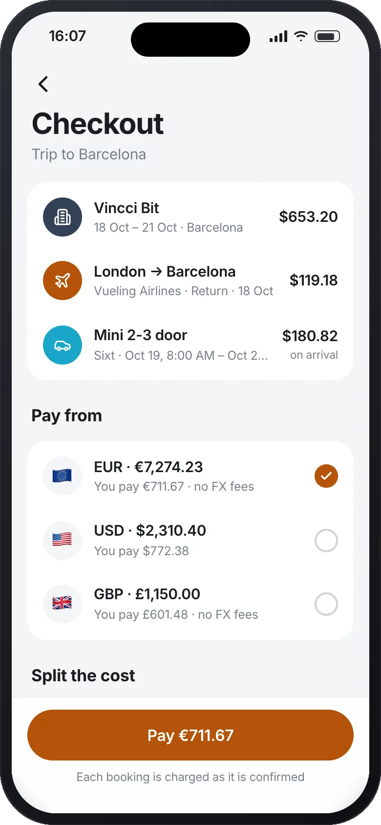 The checkout for the same trip, with the choice to pay from a EUR, USD or GBP account, each showing the amount in that currency.