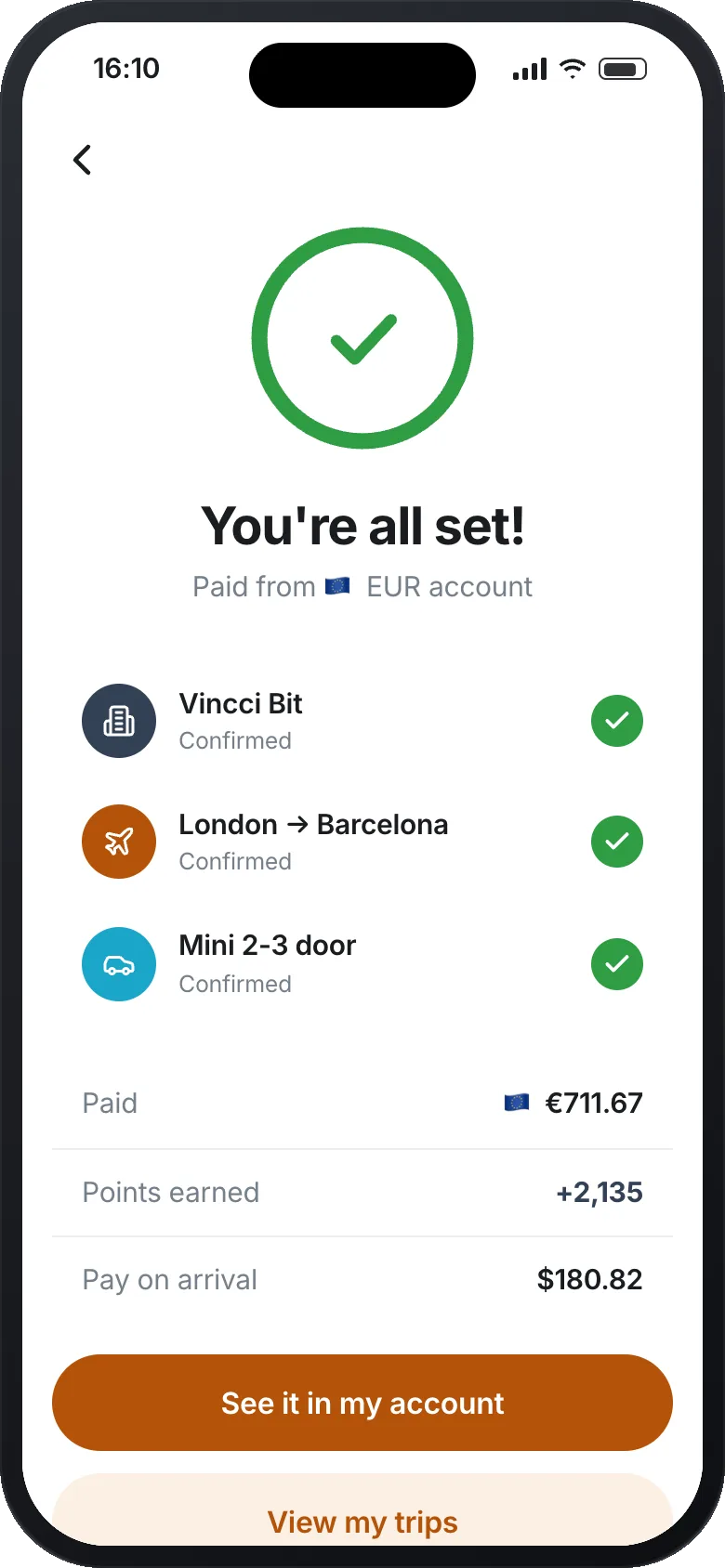 The result screen: hotel, flight and car each confirmed, the amount paid from the EUR account, the points earned, and the rental amount due on arrival.