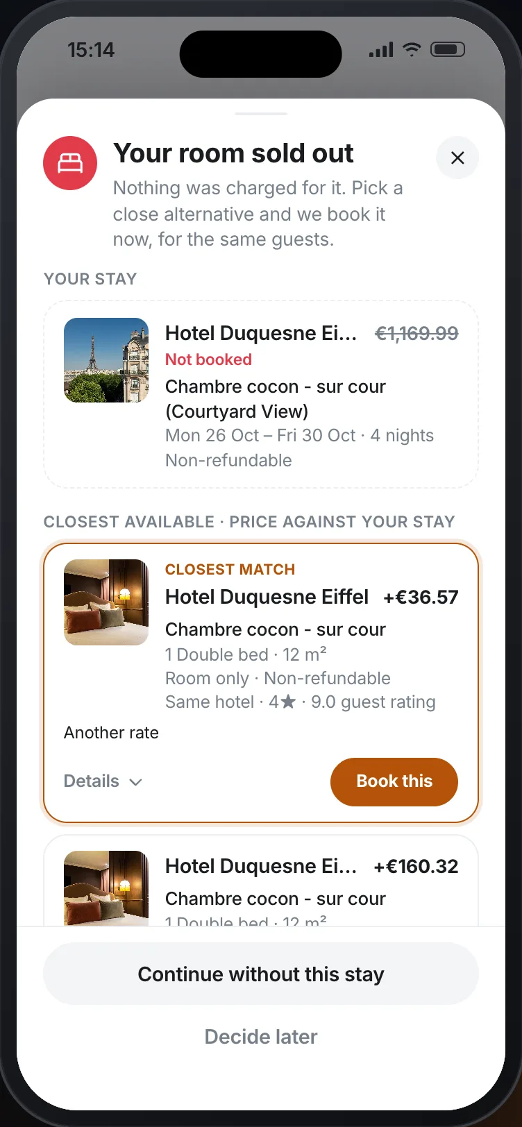 A checkout where the booked room sold out: nothing was charged, and the closest rooms at the same hotel and nearby are offered with photos, beds, meals, cancellation terms and the price difference, to book in the same checkout.