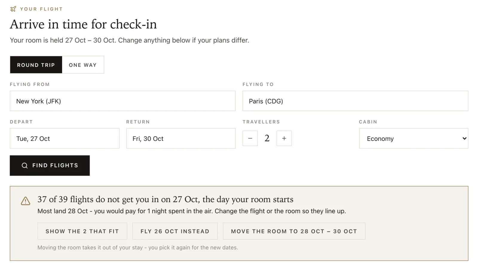 A hotel's own booking page with a flight search under the room. A notice reads: 37 of 39 flights do not get you in on 27 Oct, the day your room starts; most land 28 Oct, so you would pay for one night spent in the air. It offers to show the two that fit, fly a day earlier, or move the room.