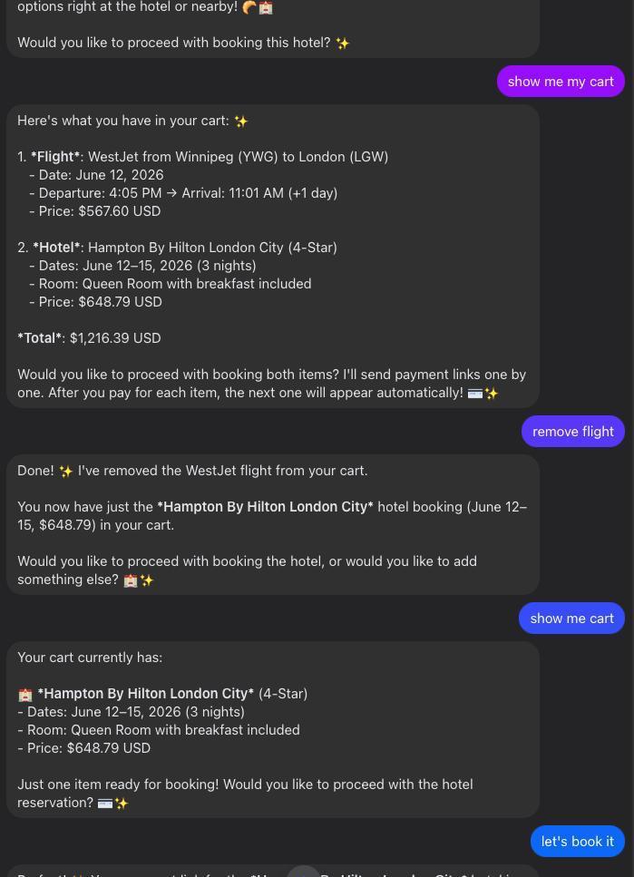Chat cart interface showing multiple booking options